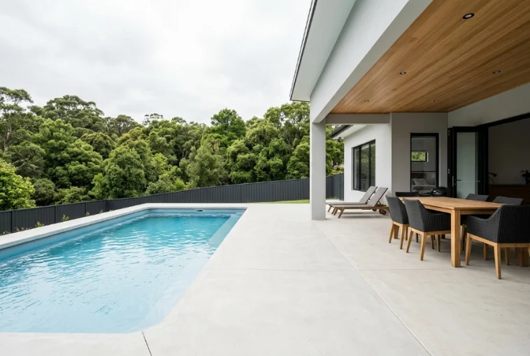 Joined to the Alfresco, a concrete pool surround at a Launceston home