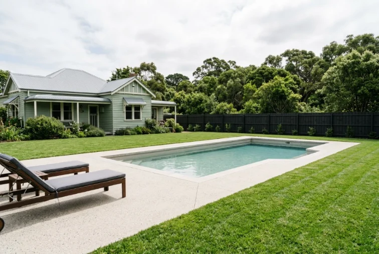 Meeting the Lawn, a concrete pool surround at a Launceston home
