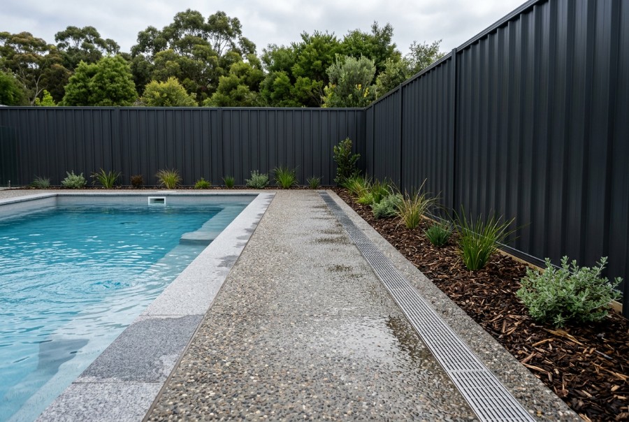 The Narrow Side, a concrete pool surround at a Launceston home