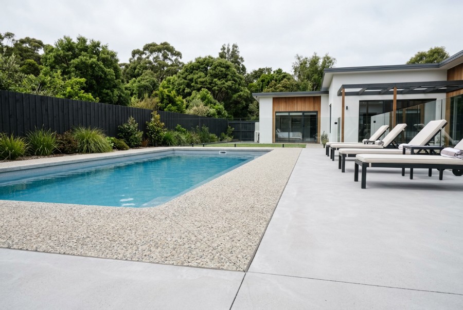 Two Finishes, One Pour, a concrete pool surround at a Launceston home