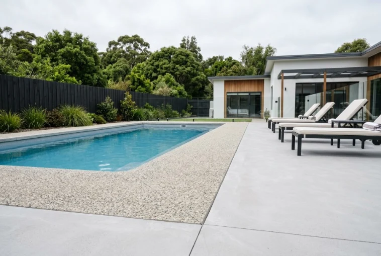 Two Finishes, One Pour, a concrete pool surround at a Launceston home