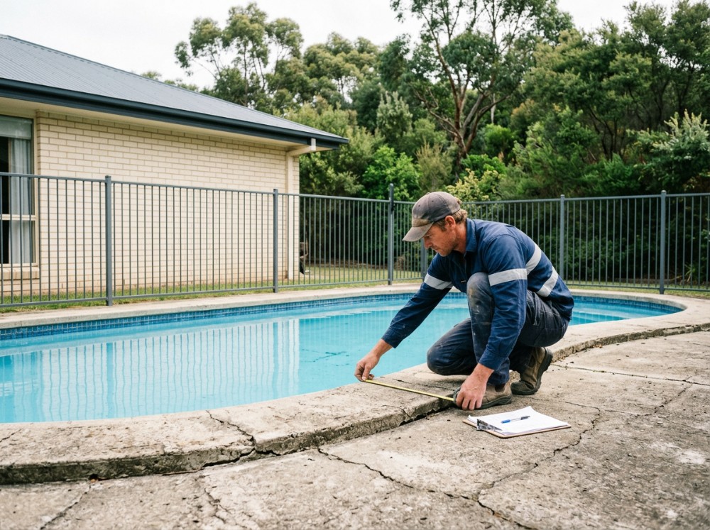 A concreter measuring around an existing pool before quoting a replacement surround