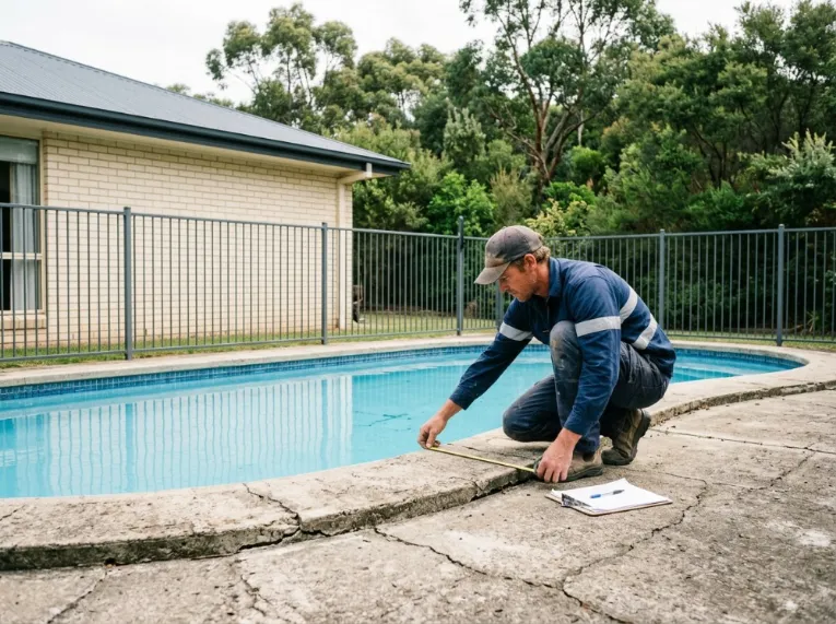 A concreter measuring around an existing pool before quoting a replacement surround