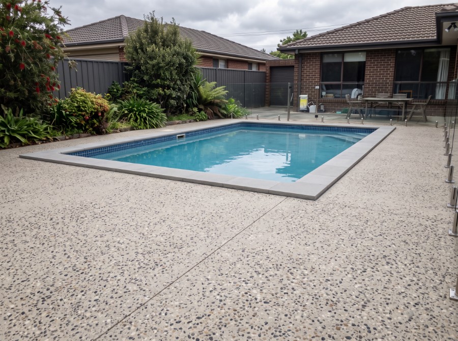 The same pool with a new honed exposed aggregate surround and new coping