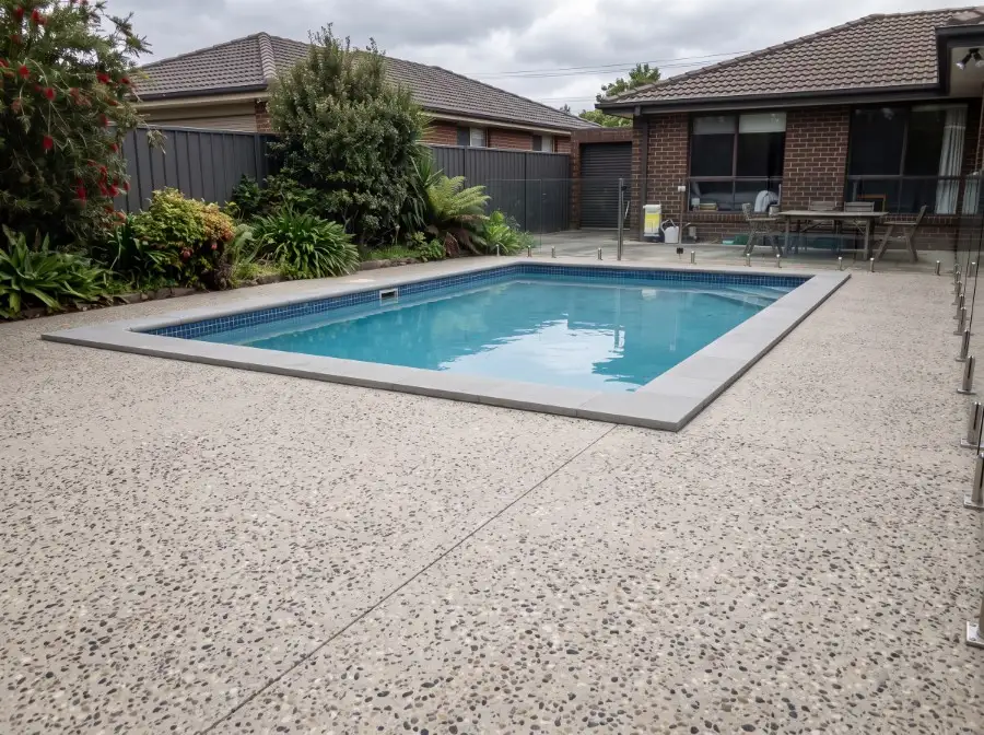 The same pool with a new honed exposed aggregate surround and new coping