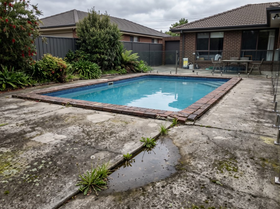 A tired stained concrete pool surround with cracking, ponding water and weeds in the joints
