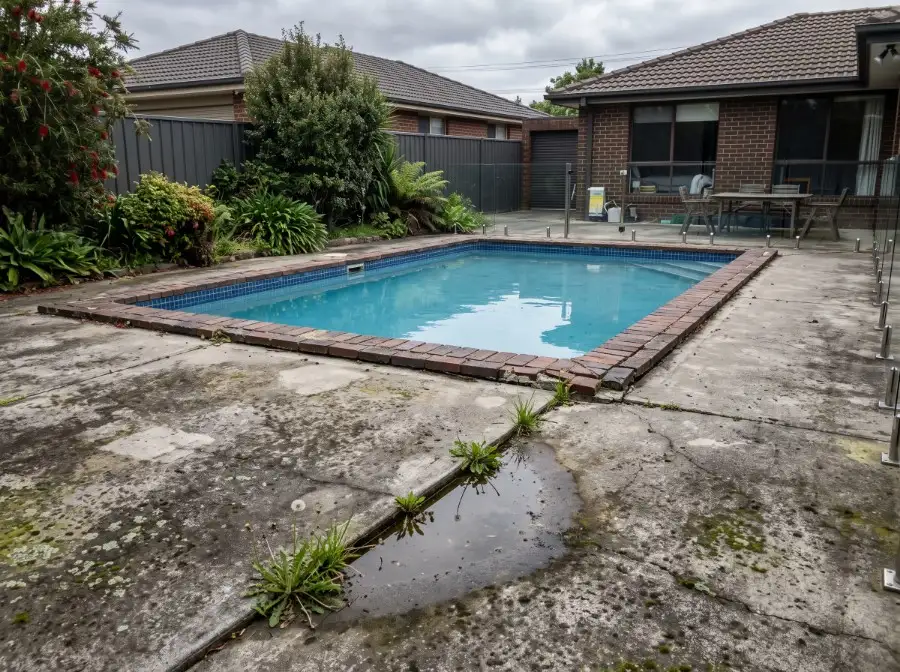 A tired stained concrete pool surround with cracking, ponding water and weeds in the joints