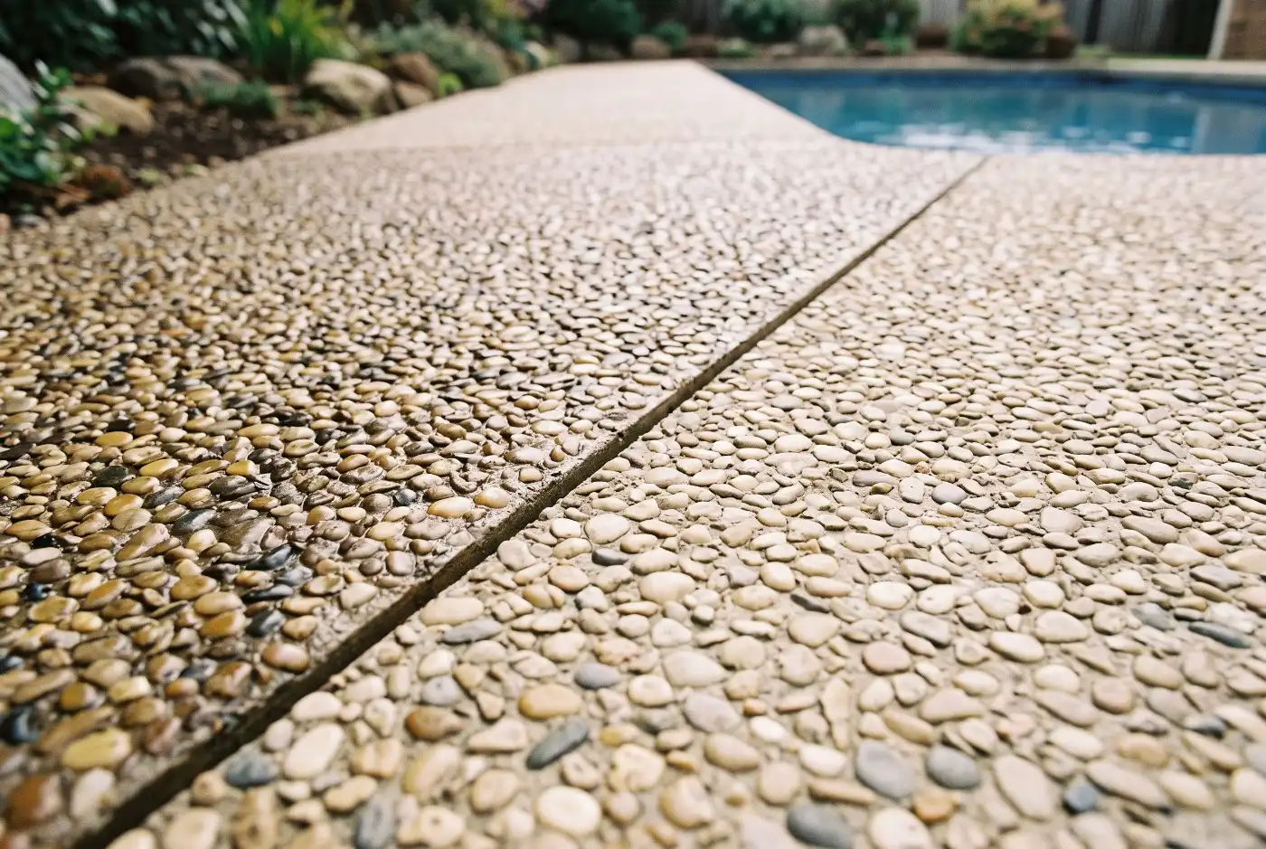 A pool surround half sealed and half unsealed, showing the difference in colour and sheen