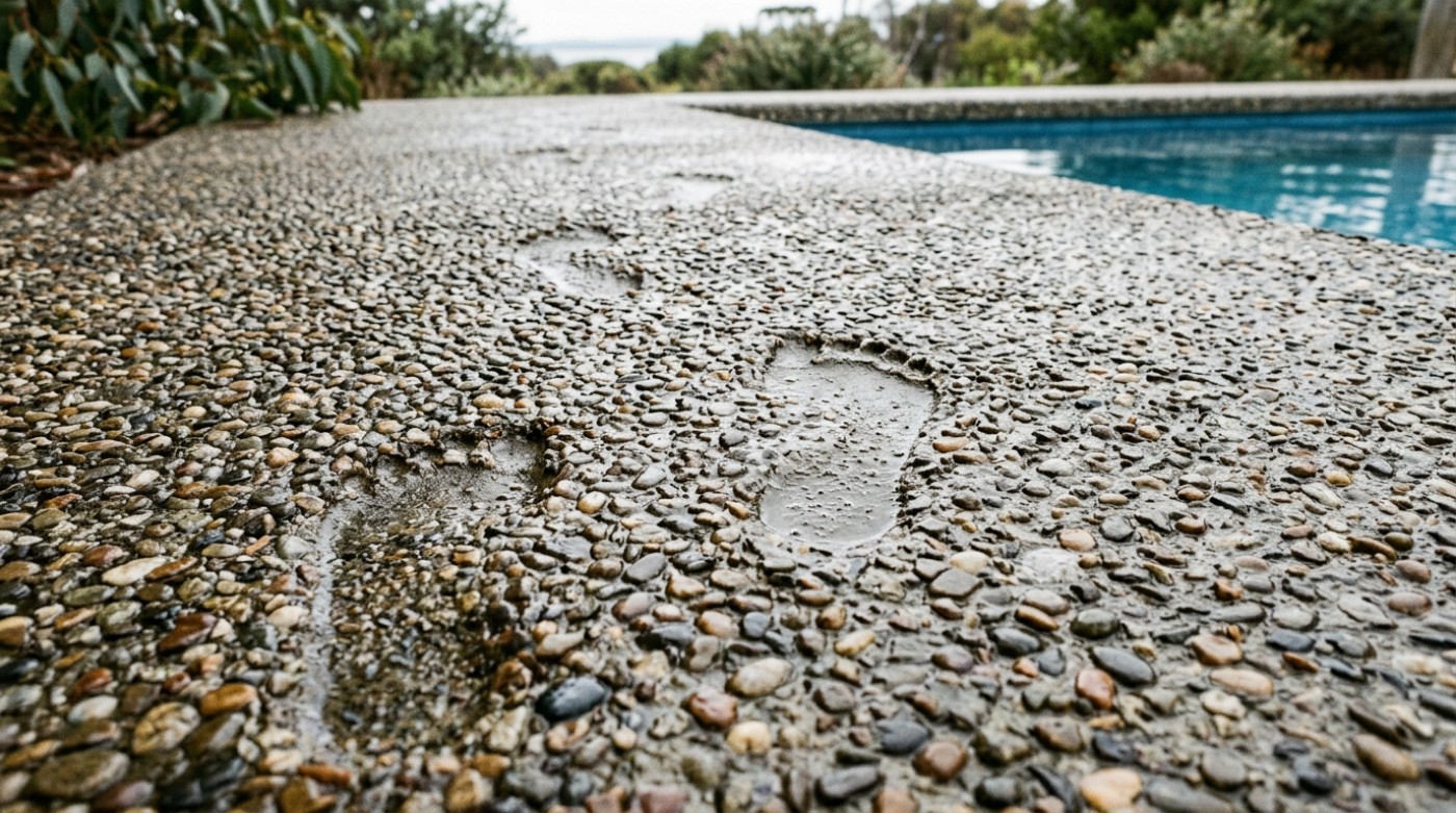 Wet footprints crossing an exposed aggregate pool surround