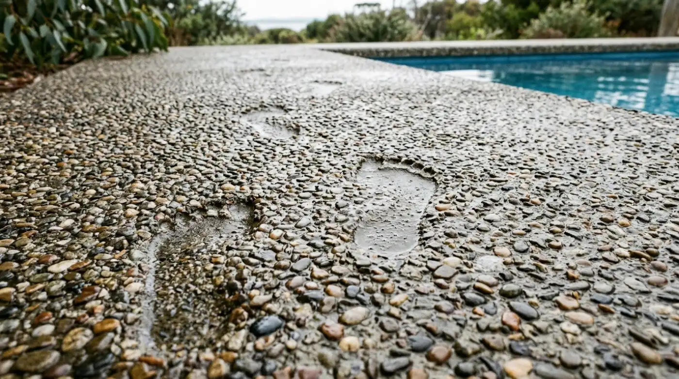 Wet footprints crossing an exposed aggregate pool surround