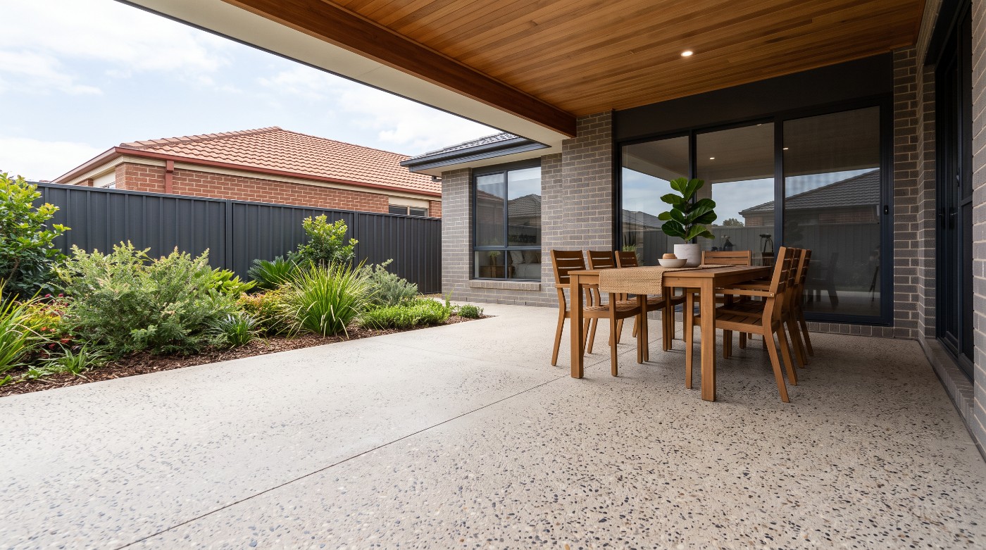A light honed exposed aggregate patio running from under a roofed alfresco out into the open backyard