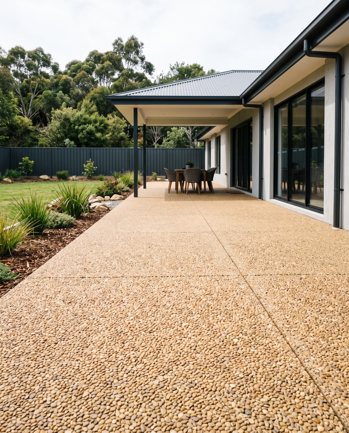 Honey exposed aggregate patio running out from a covered alfresco at a Launceston home