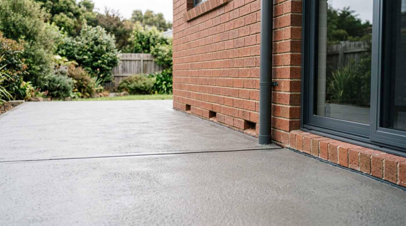 A concrete patio meeting a brick wall with an expansion joint and clear weep holes above the slab