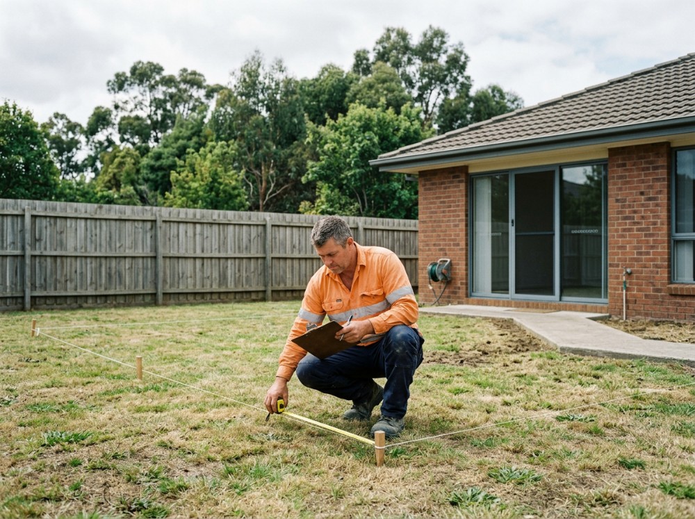 A concreter measuring a back yard before quoting a patio