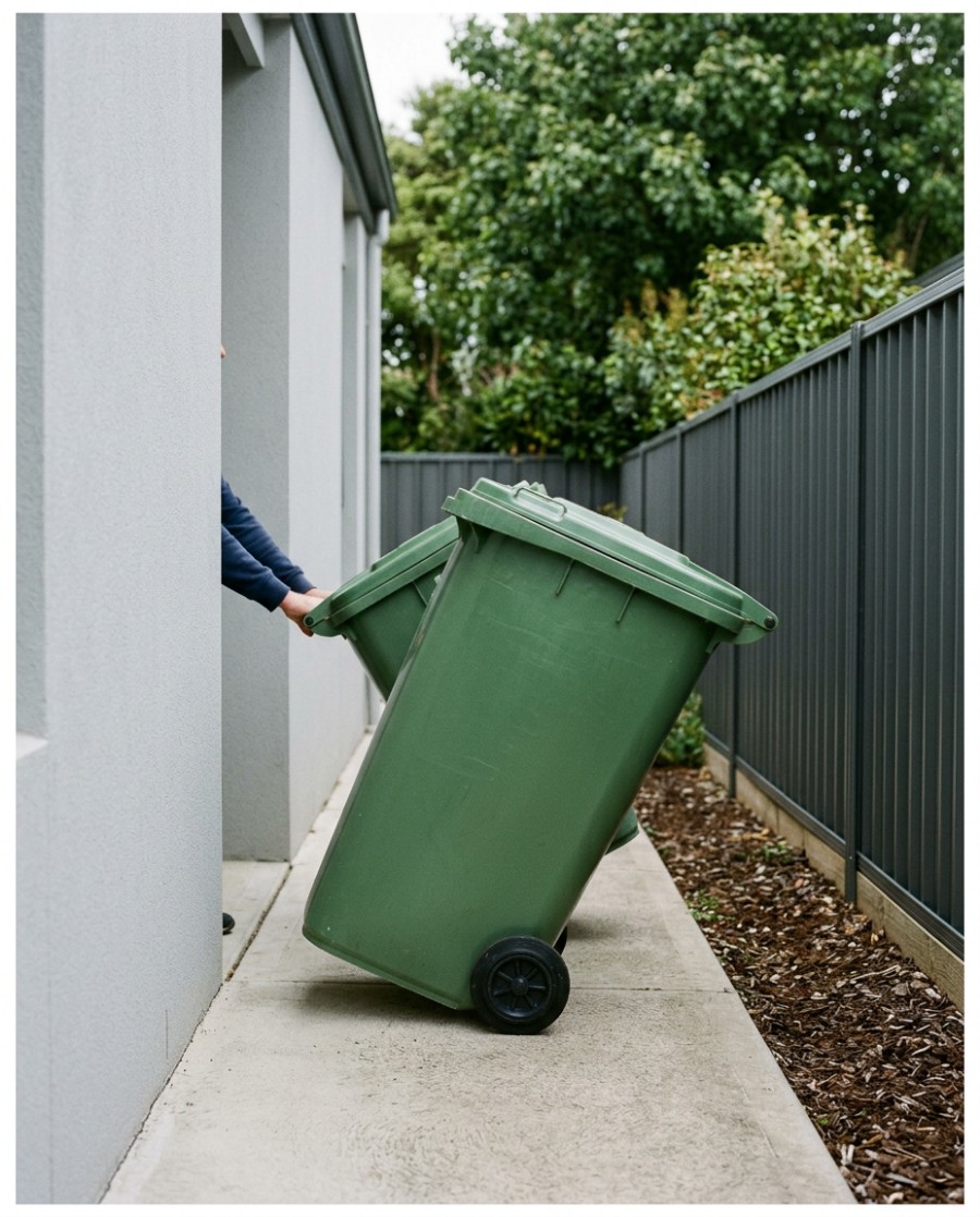 A wheelie bin taking up most of the width of a 1.2 metre concrete side path