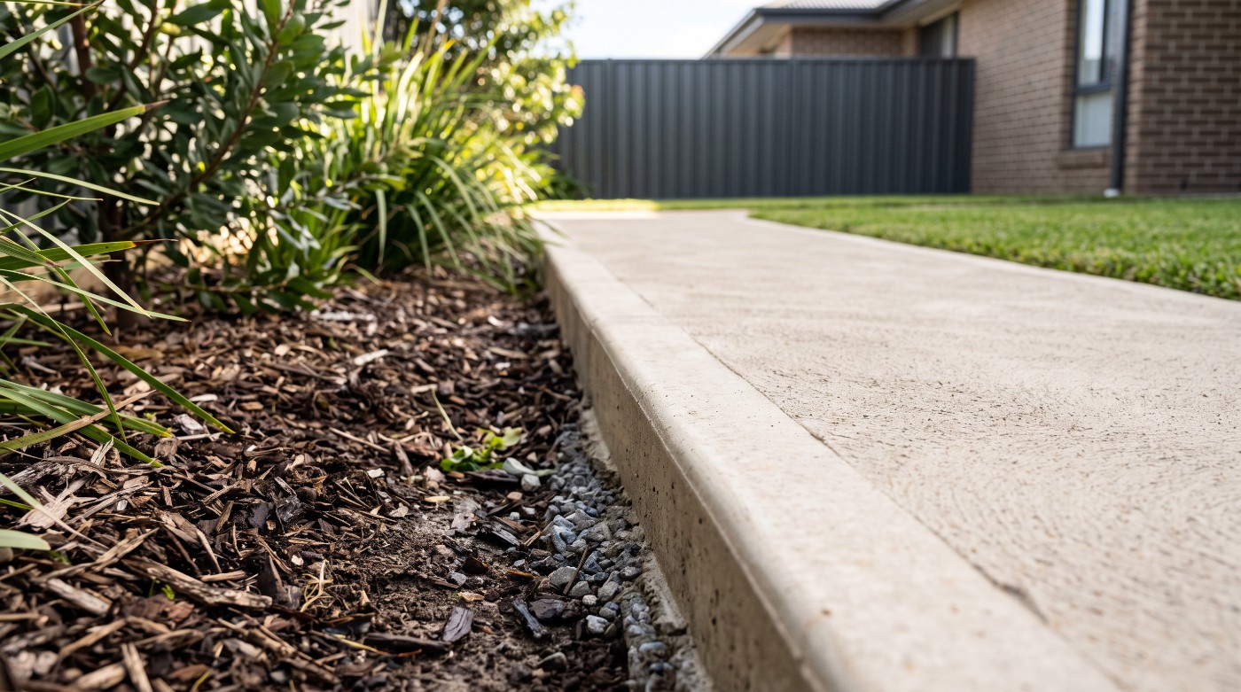 The edge of a finished concrete path seen from the side, showing its full depth and the compacted base beneath