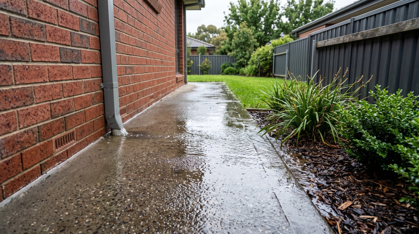 A wet concrete side path after rain, with water running away from the house wall and off the far edge into a garden bed