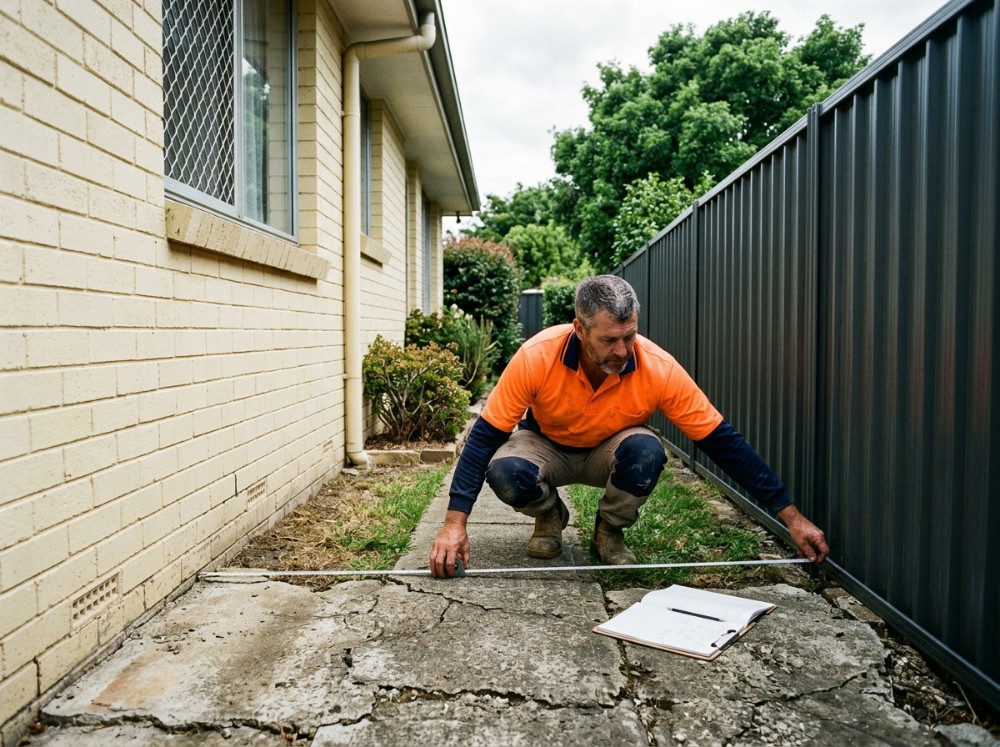 A concreter measuring a cracked side path on site before quoting the job