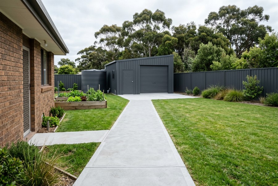 To the shed or garage at a Launceston home