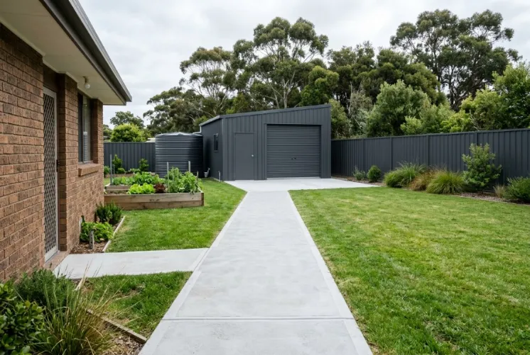 To the shed or garage at a Launceston home