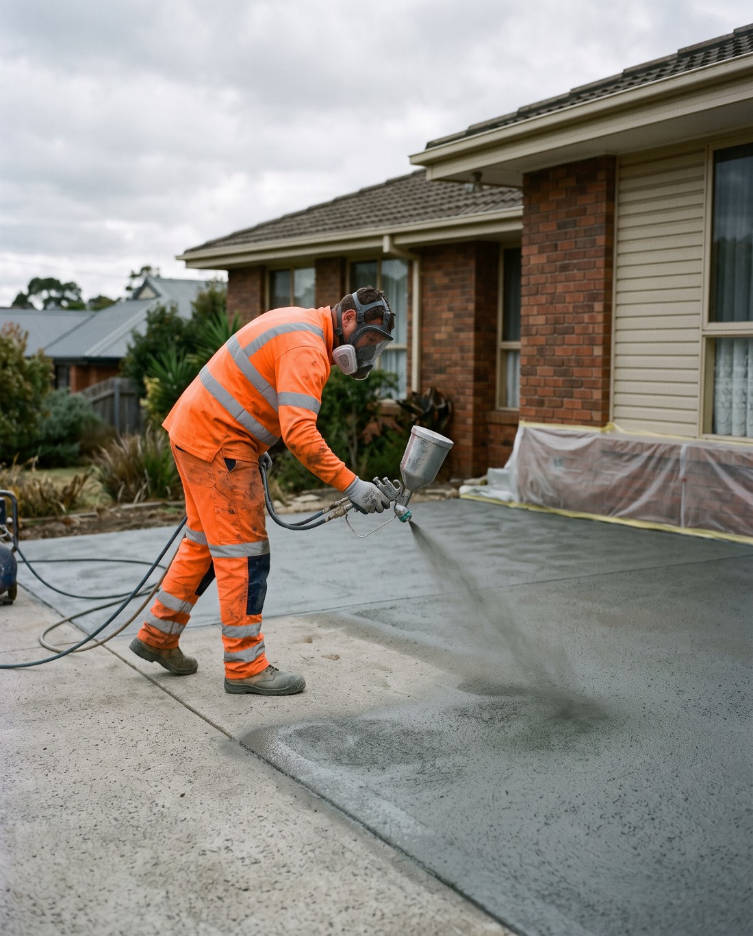 A worker spraying a cementitious resurfacing coating onto a prepared driveway in Launceston