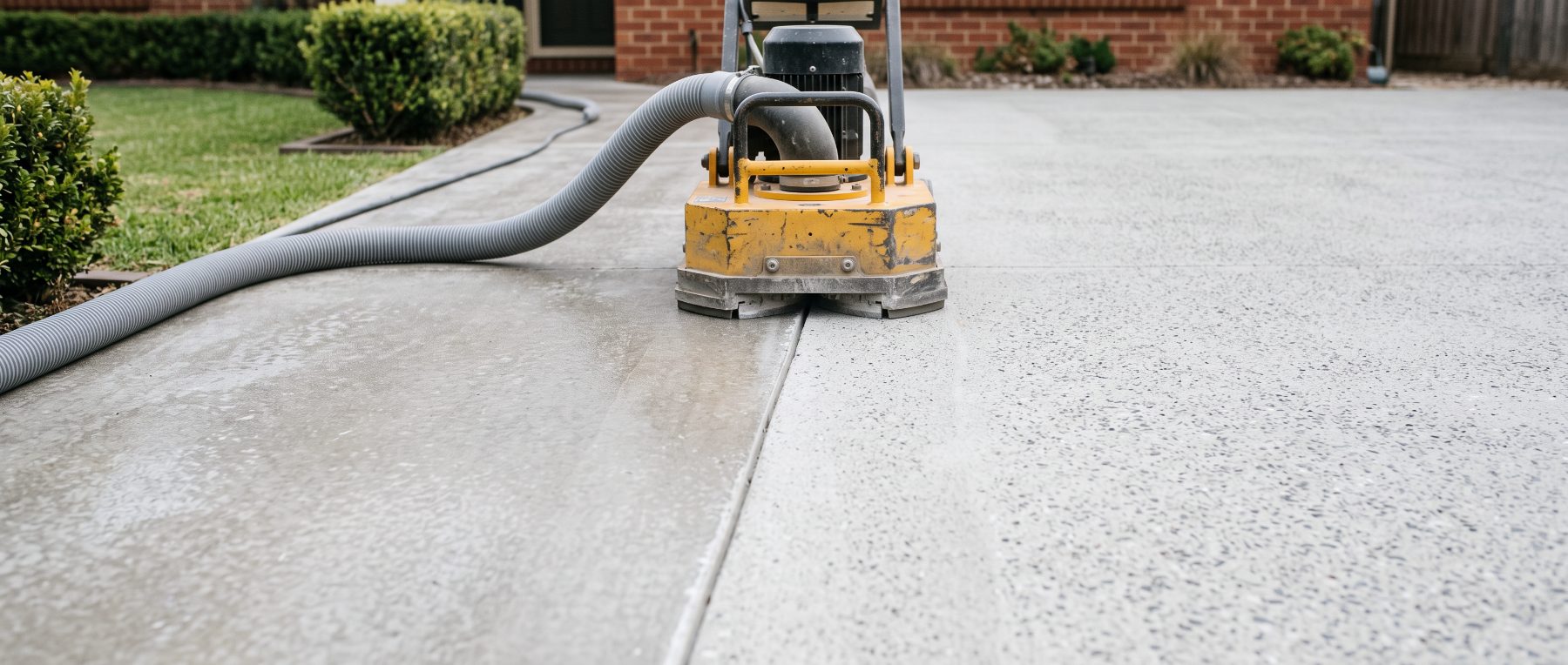 A floor grinder opening up a concrete slab before a resurfacing topping goes on