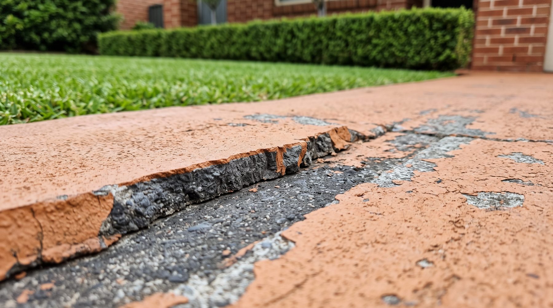 A coloured resurfacing topping worn through at the traffic line, grey concrete showing beneath