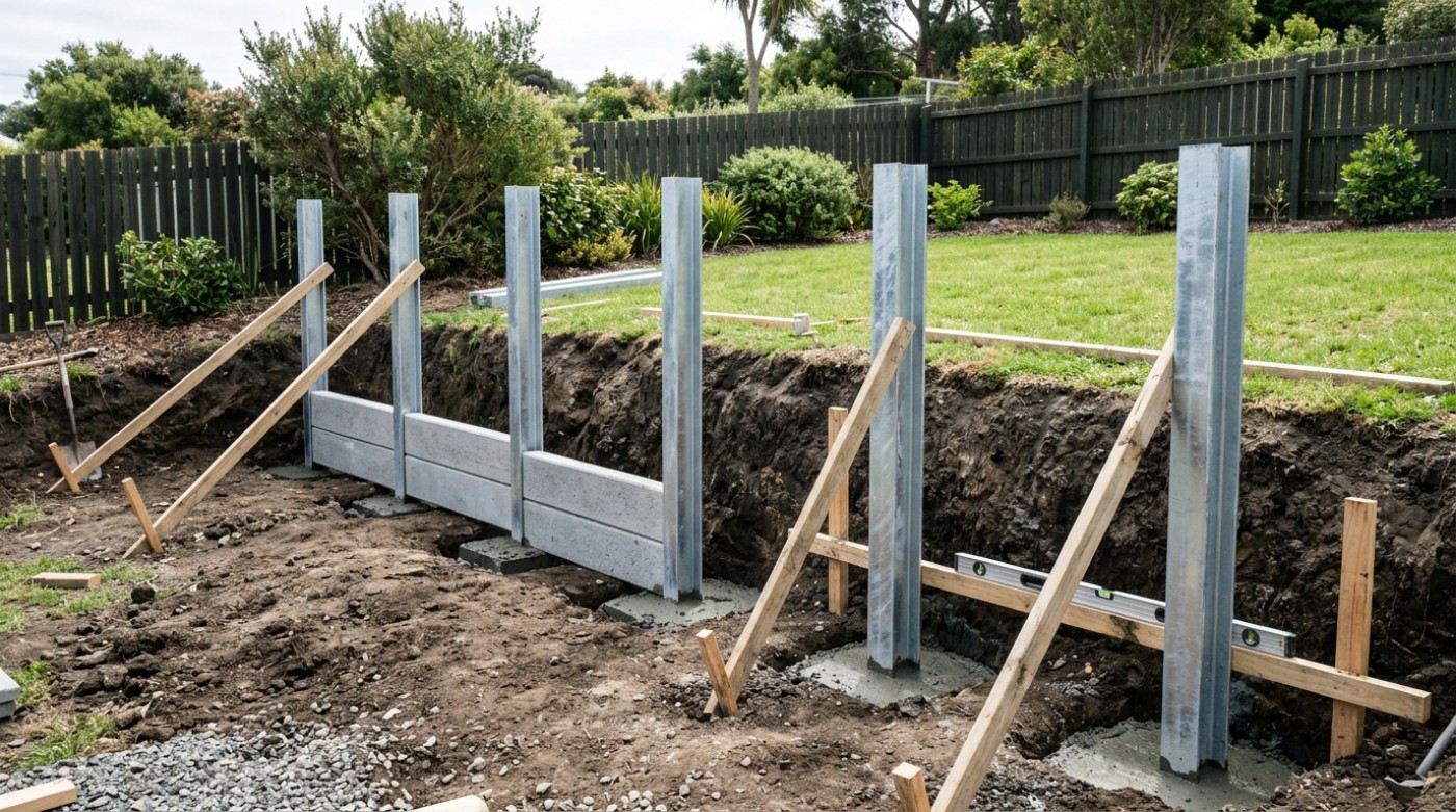 Galvanised steel H-posts concreted into footings with the first sleeper in place