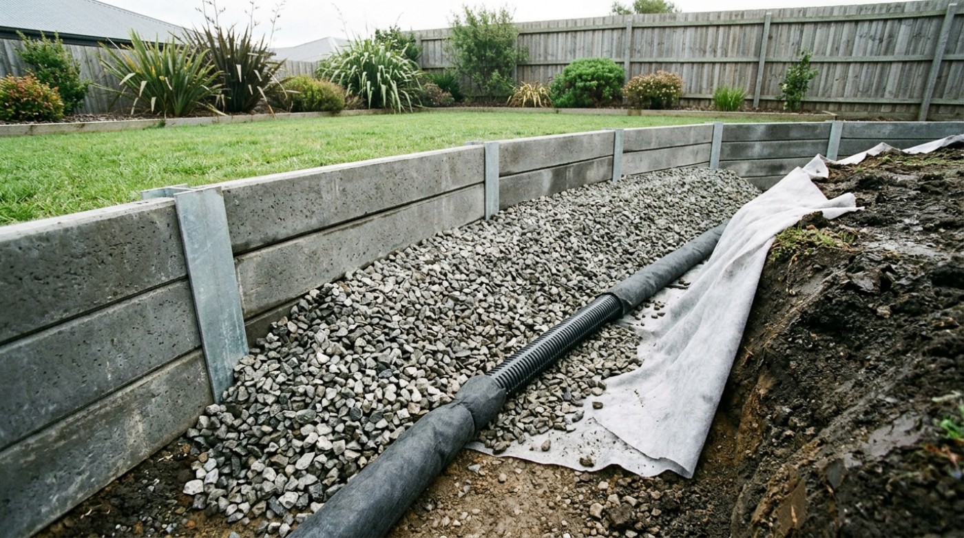 Agricultural drainage pipe, aggregate and geofabric being built in behind a retaining wall