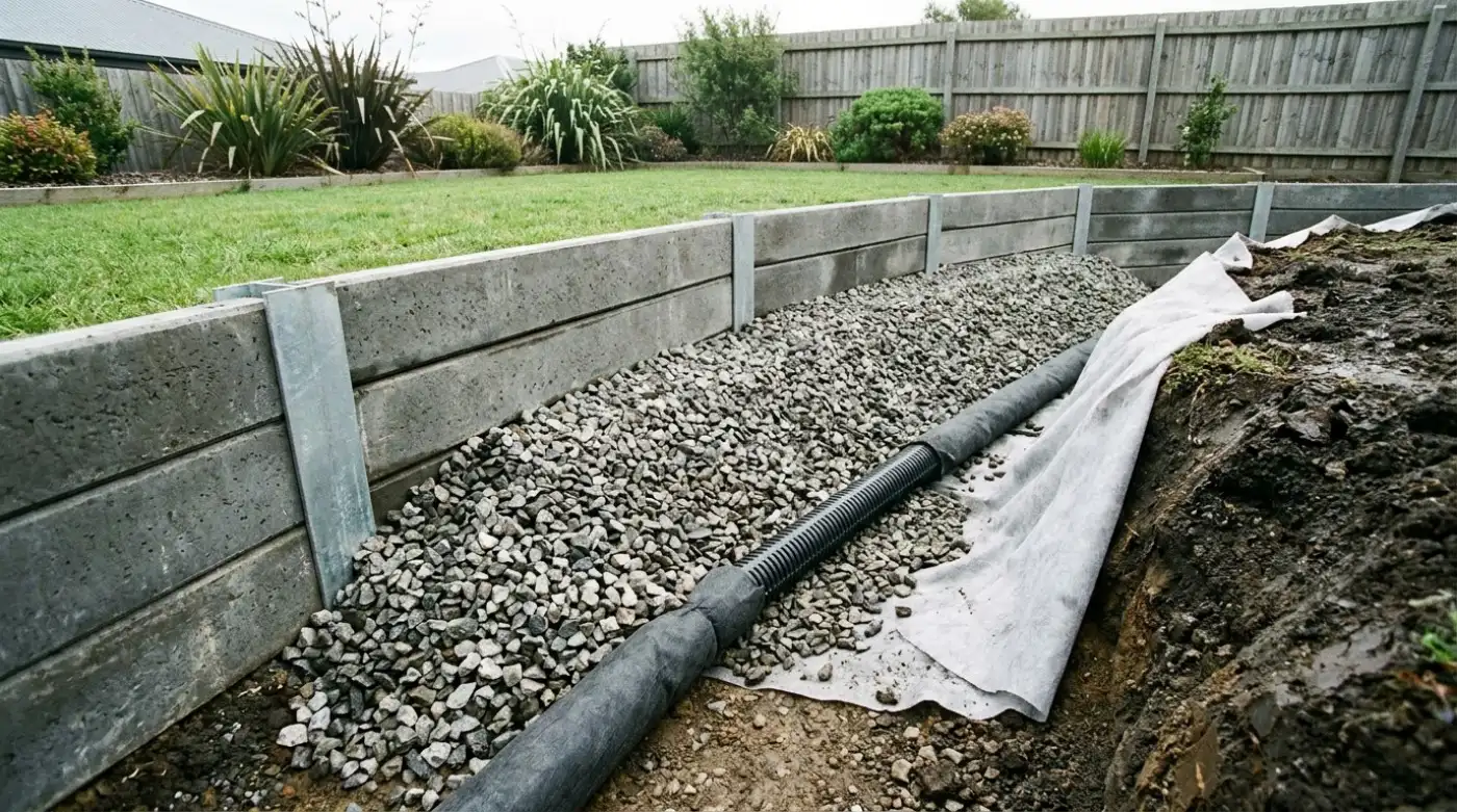 Agricultural drainage pipe, aggregate and geofabric being built in behind a retaining wall