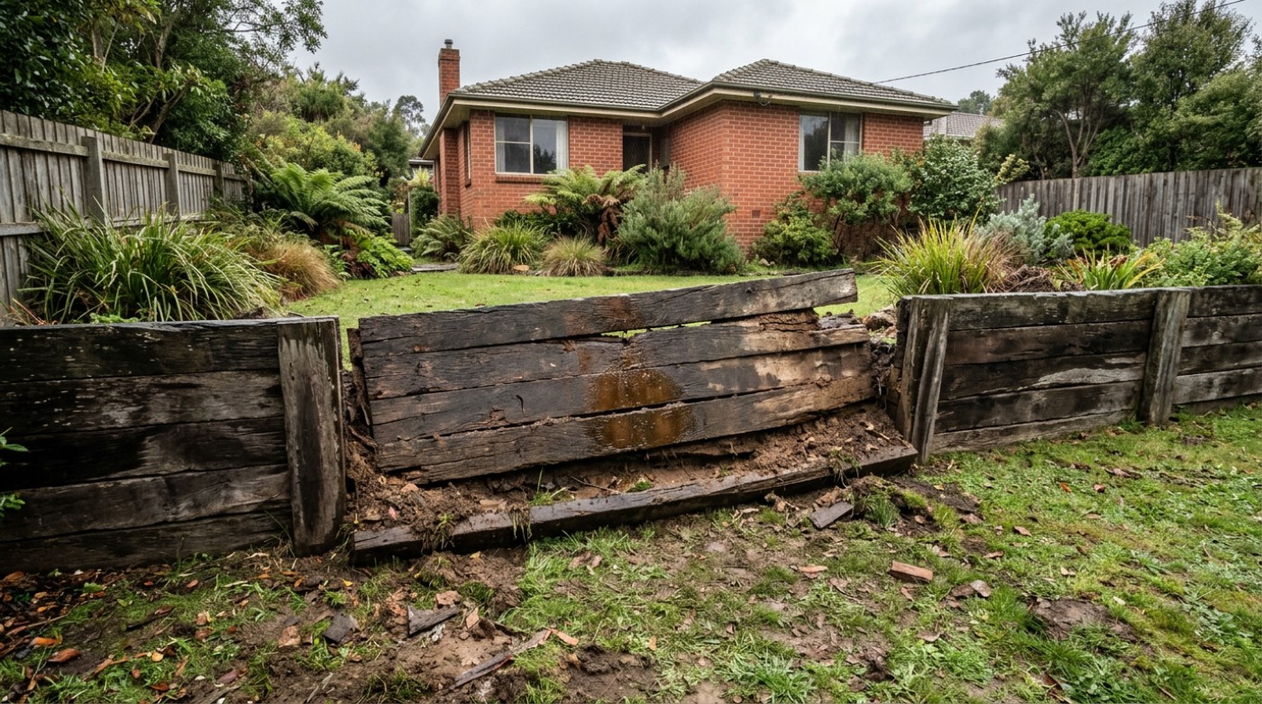 An old timber sleeper retaining wall leaning outward and bulging, with water staining