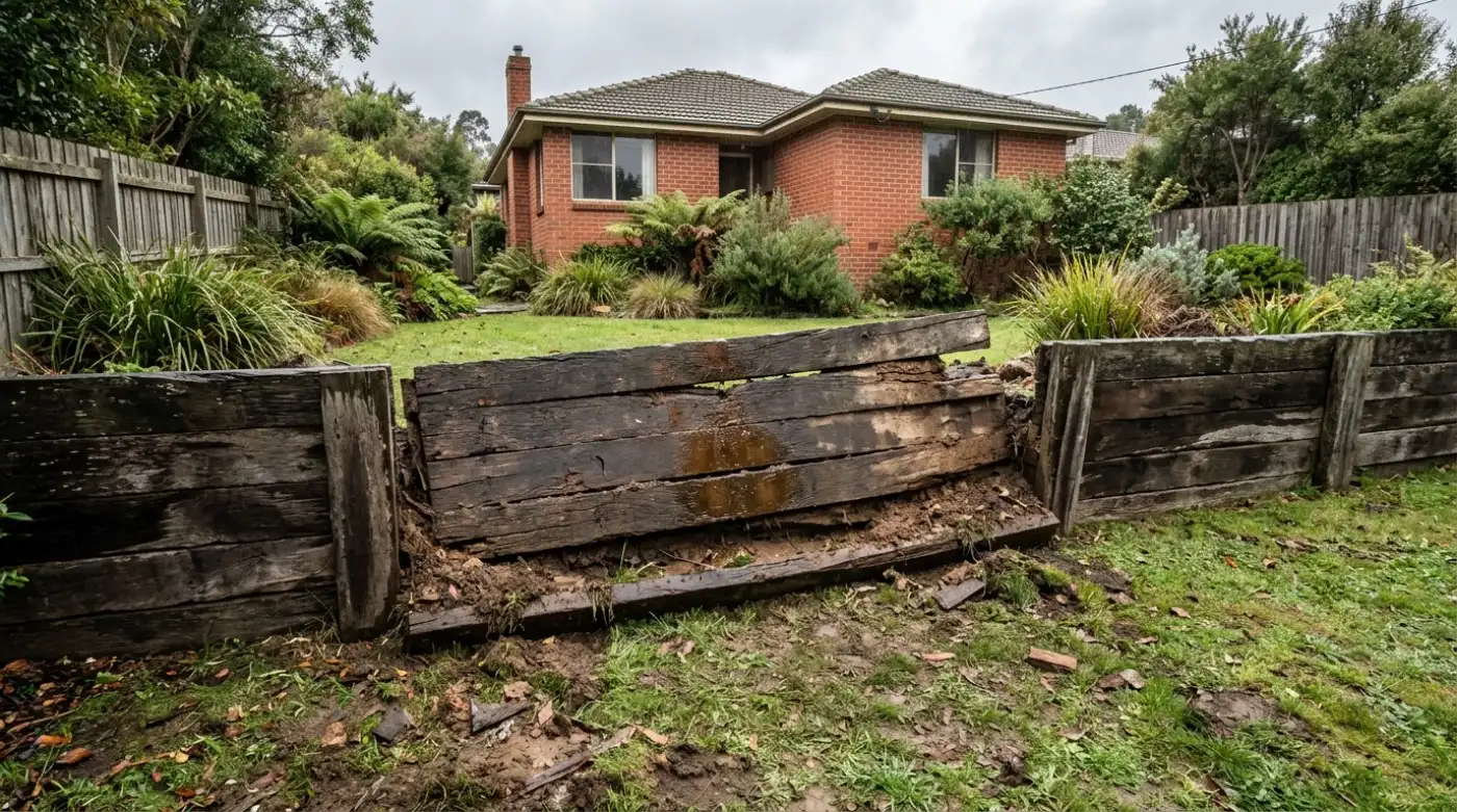 An old timber sleeper retaining wall leaning outward and bulging, with water staining
