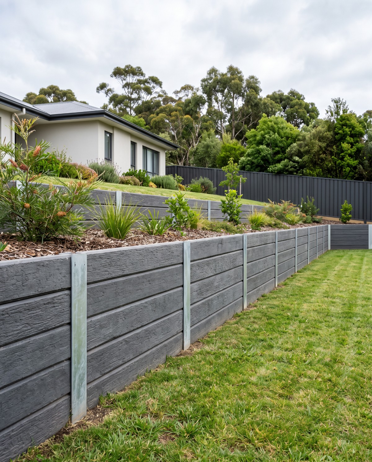 A concrete sleeper retaining wall with galvanised steel posts at a Launceston home