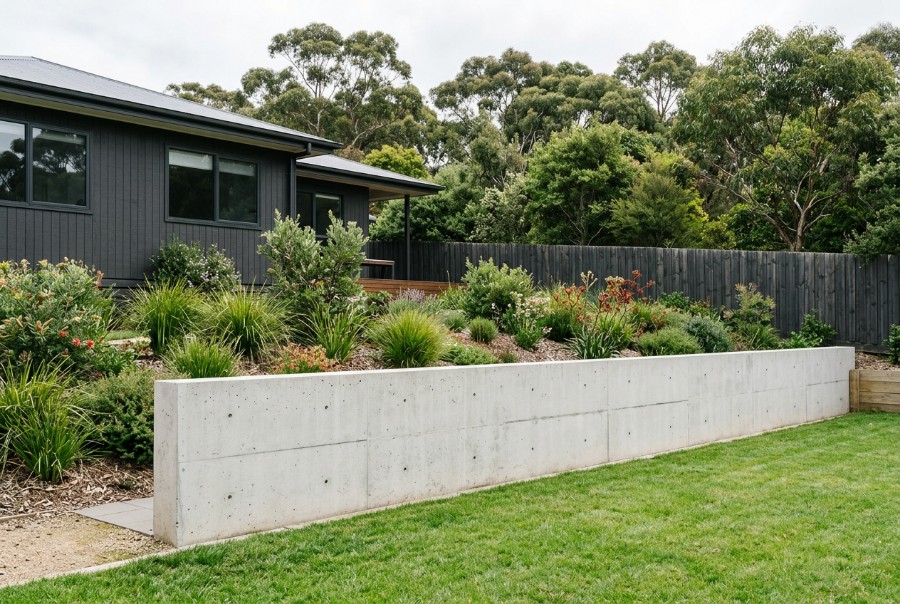 Poured reinforced concrete, a concrete retaining wall in Launceston