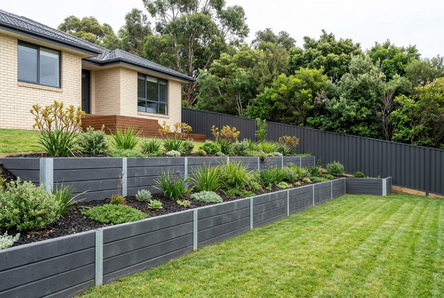 Two low terraced concrete sleeper walls stepping down a sloping garden