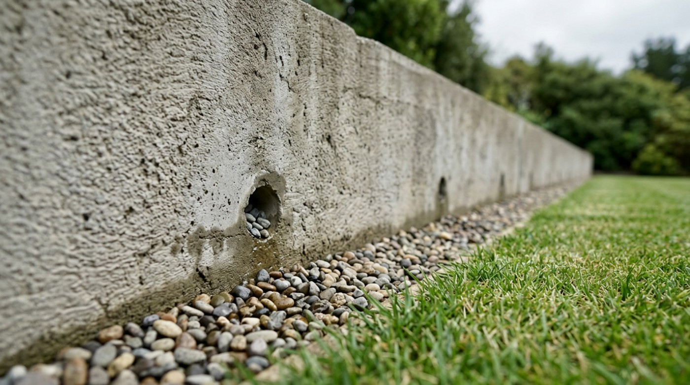 Weep holes along the base of a rendered concrete retaining wall with a pebble strip