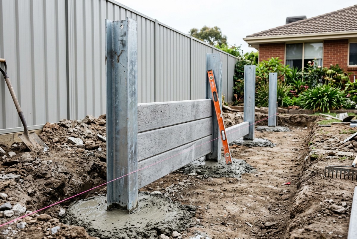 Posts and footings, a concrete retaining wall in Launceston
