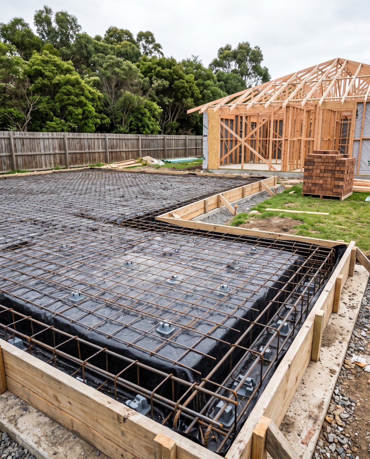 A house slab prepared with membrane, mesh and edge beams, ready to pour, in Launceston