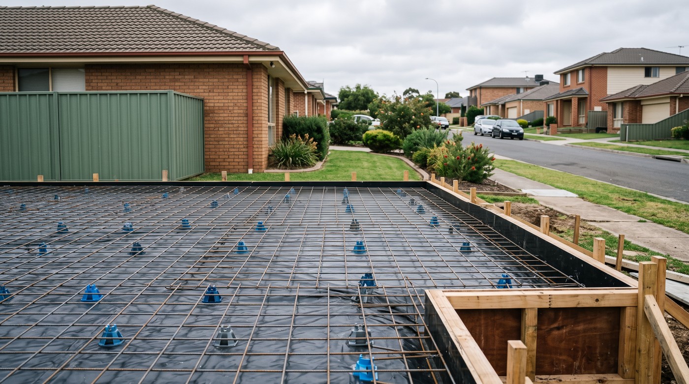 Reinforcement, up on chairs, a concrete slab in Launceston