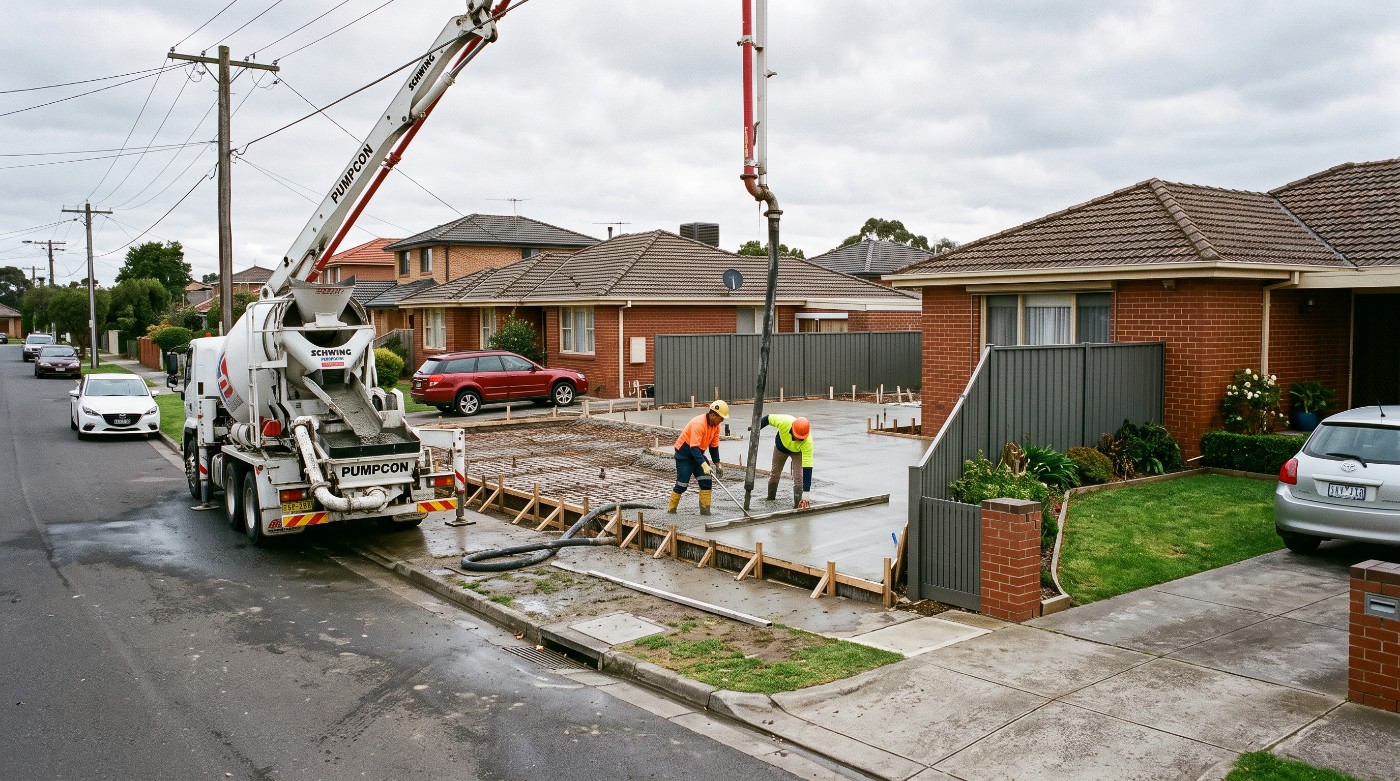 Pour day, a concrete slab in Launceston