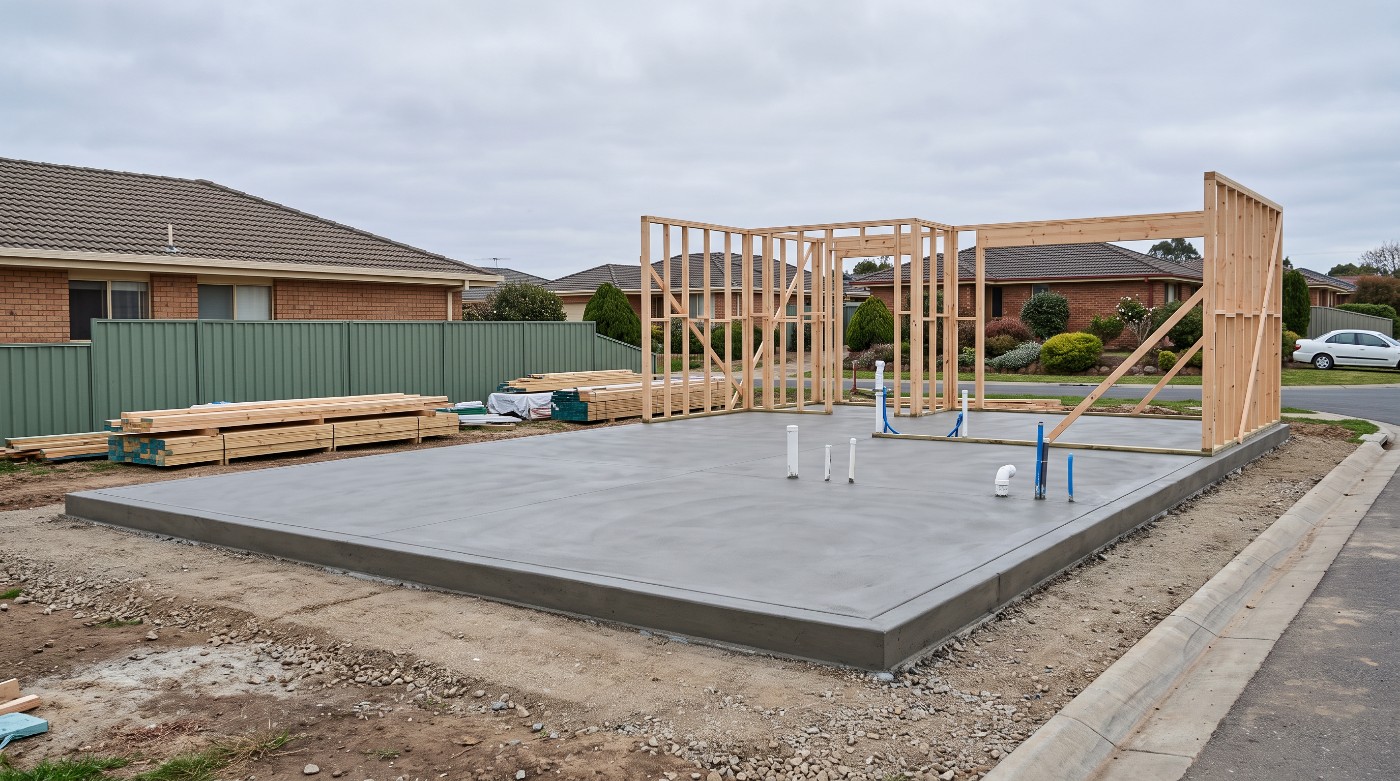 A freshly poured house slab on a suburban Launceston block with the timber wall frames going up on it