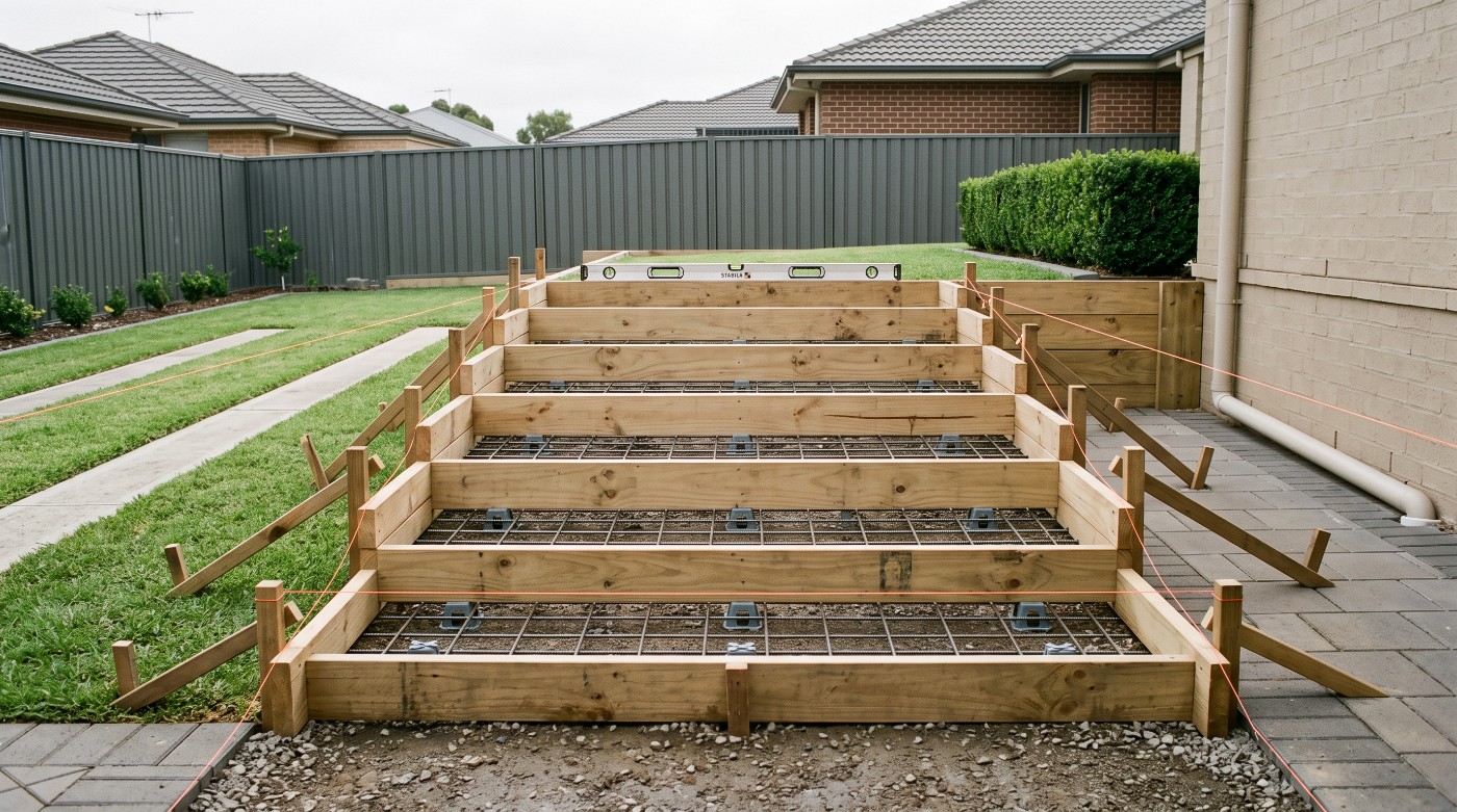 Timber formwork, mesh and stringlines set up for a flight of concrete steps