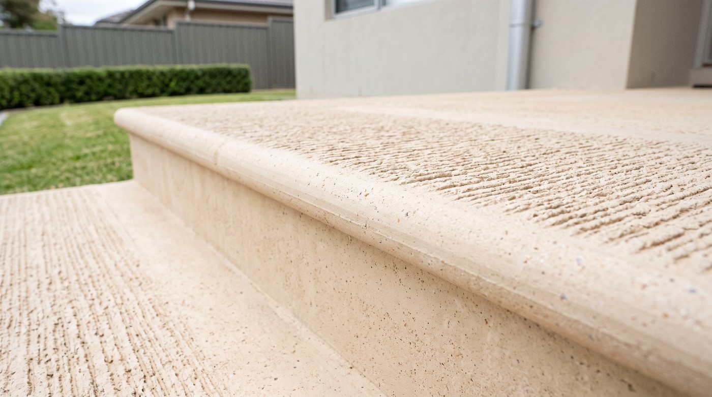 A close view of a concrete step nosing with a broom texture for grip