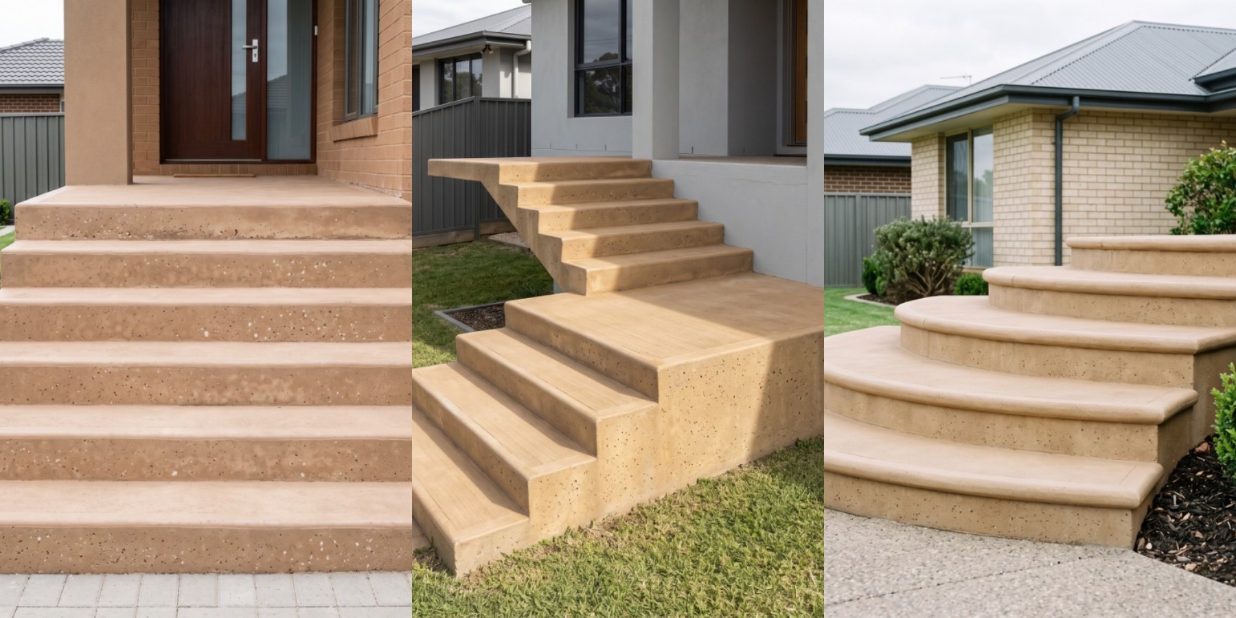 Straight, turning and curved concrete stair flights at three Launceston houses