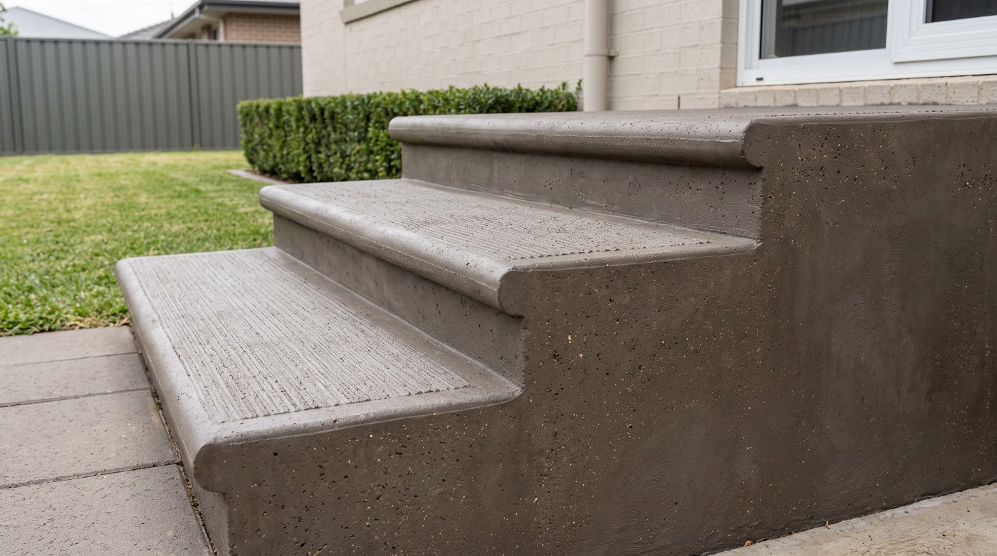 A side-on view of concrete steps showing consistent risers and treads