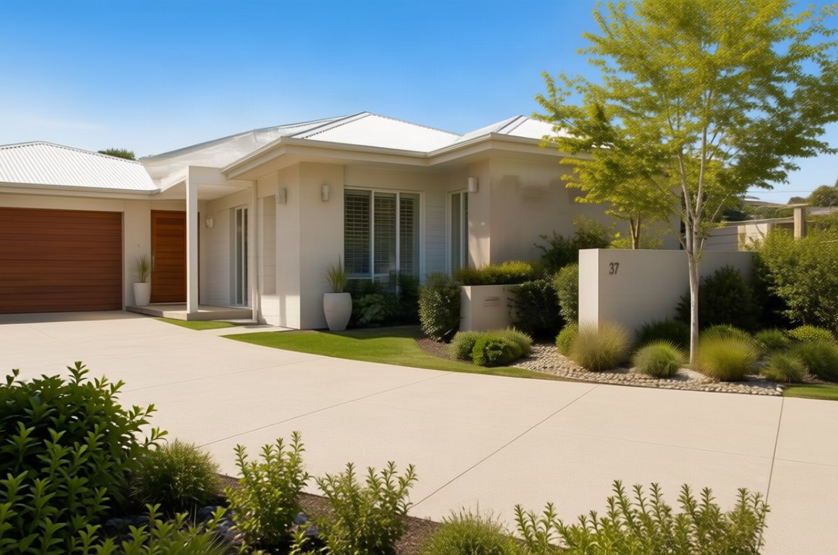 Wide pale concrete driveway curving to a double garage at a Launceston home