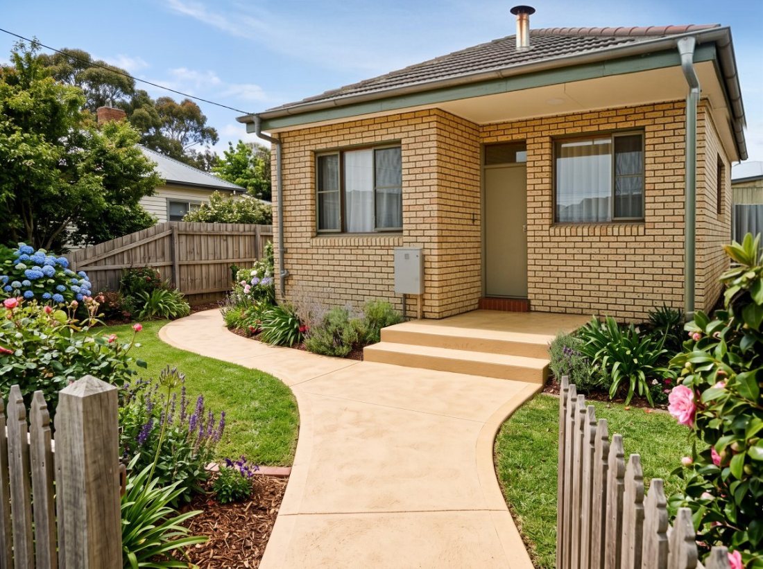 Buff coloured concrete pathway and steps to a front entry