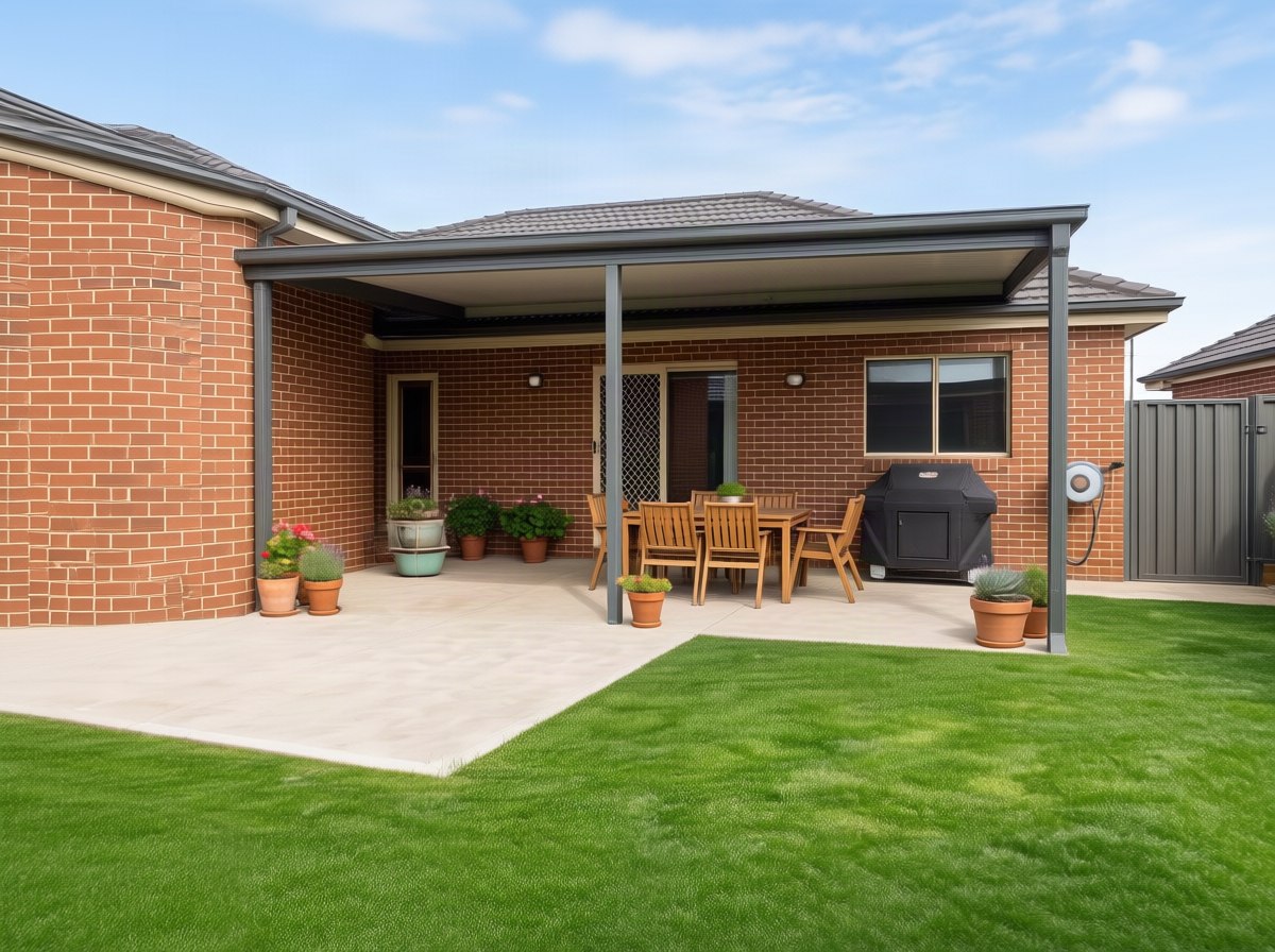 Concrete patio and outdoor living area at a Launceston home